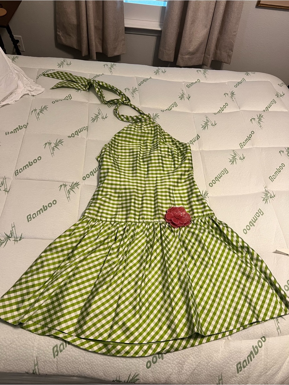 Green Gingham Halter Dress with Pink Flower Accent